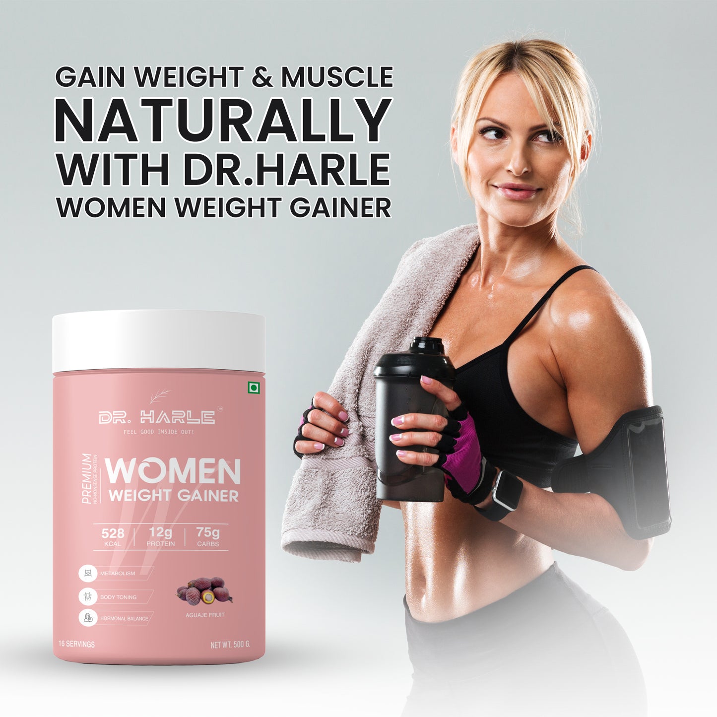 DR. HARLE Weight Gainer for Women with Aguaje Fruit Extract, 25+ Vitamins & Minerals | Curve & Muscle Enhancing Mass Gainer Supplement – Belgian Chocolate Flavor, 500g Weight Gain Protein Powder for Females