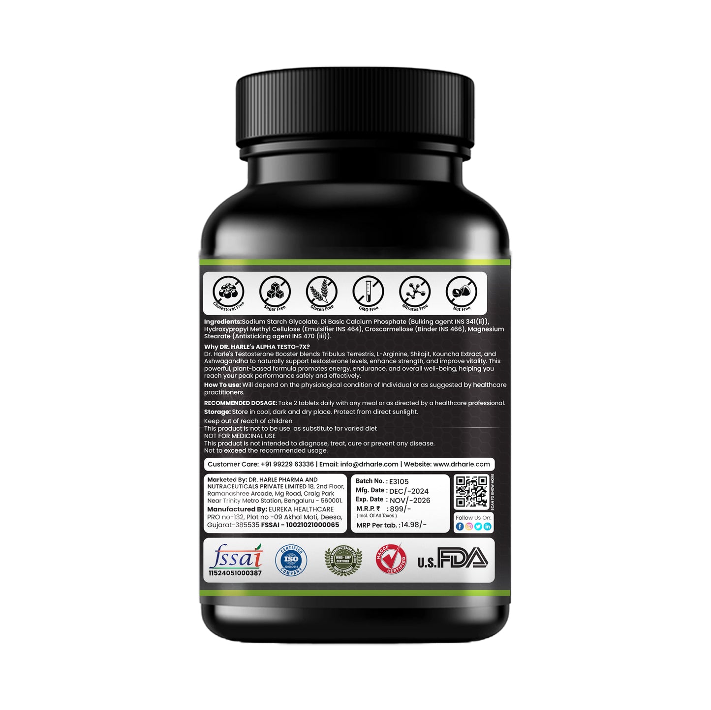 DR. HARLE Testo 7X Testosterone Booster for Men with Shilajit/Shilajeet, Tribulus, Ashwagandha, L-Arginine & Kaunch Beej | 15 Powerful Herbs Support for Enhanced Performance & Stamina - 60 Veg Tablets
