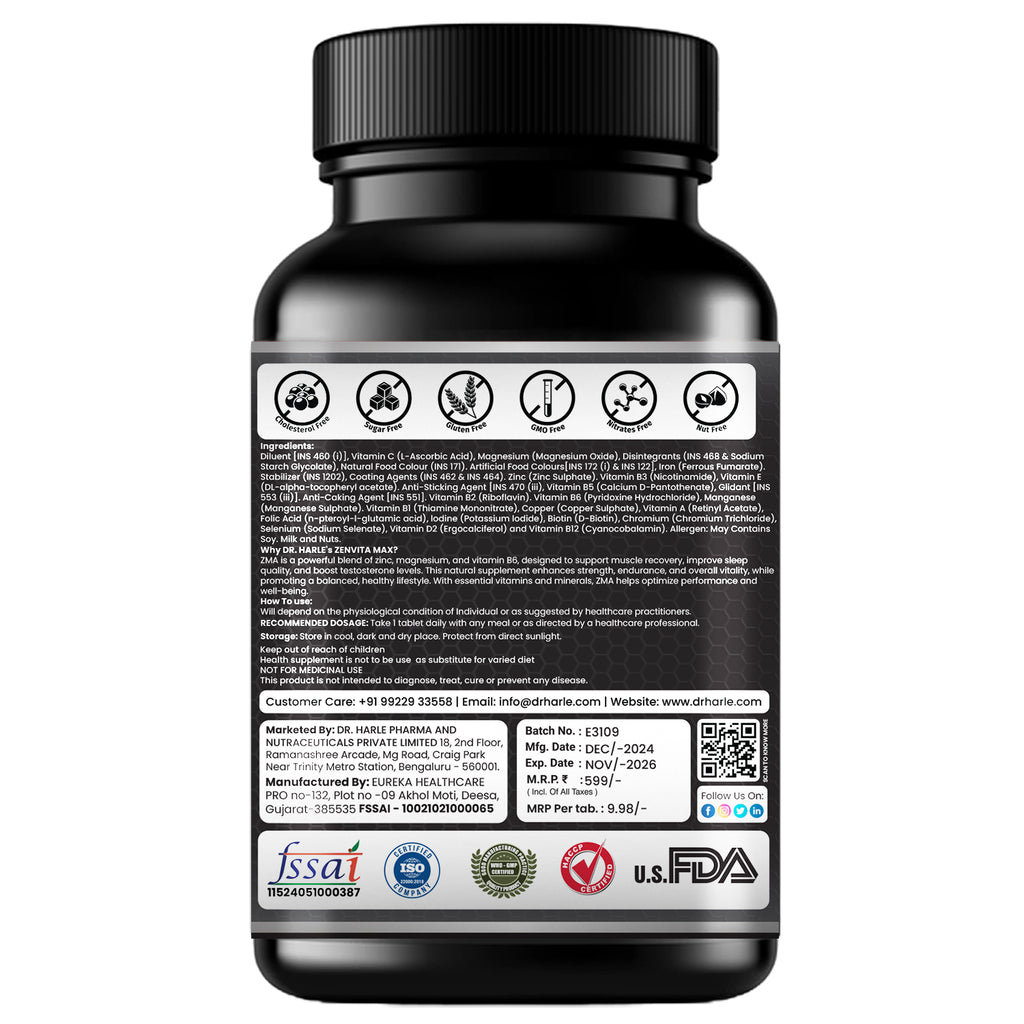 DR. HARLE ZenVita Max India's Only ZMA Supplement for Men & Women with Multivitamins, Minerals, and L-Lysine | Zinc Magnesium Tablets for Muscle Recovery, Sleep Support, Immunity & Endurance - 60 Tablets
