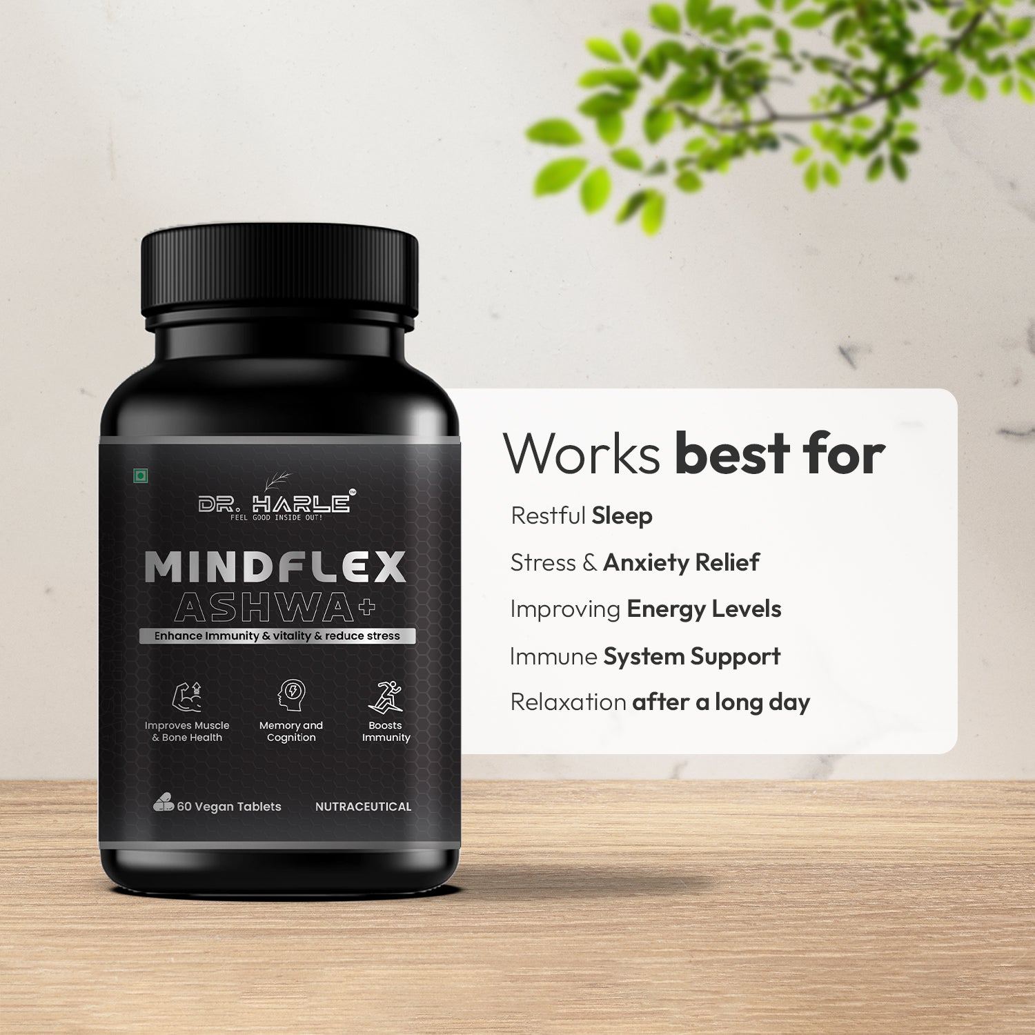 DR. HARLE MindFlex Ashwa+ | Ashwagandha Supplements for Stress Relief, Immunity, Vitality & Mental Clarity | Ashwagandha Tablets with 9 Himalayan Herbs | Natural Adaptogen Formula – 60 Tablets