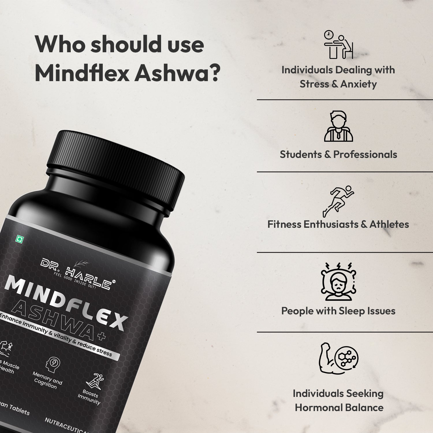 DR. HARLE MindFlex Ashwa+ | Ashwagandha Supplements for Stress Relief, Immunity, Vitality & Mental Clarity | Ashwagandha Tablets with 9 Himalayan Herbs | Natural Adaptogen Formula – 60 Tablets