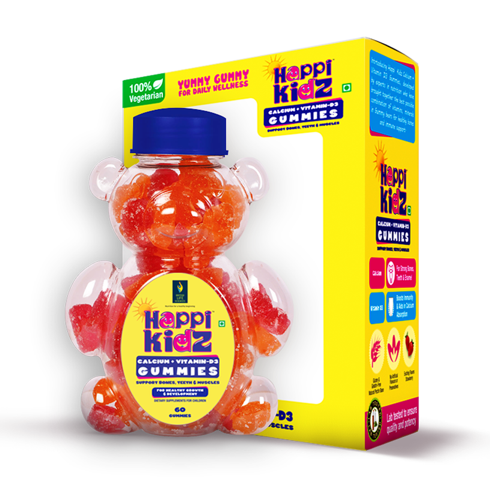 Happi Kidz Calcium + Vitamin D Gummies For Kids (60 Count Gummy Bears) - Kids Nutrition, Bones And Teeth, Boosts Immunity - Strawberry - British life sciences