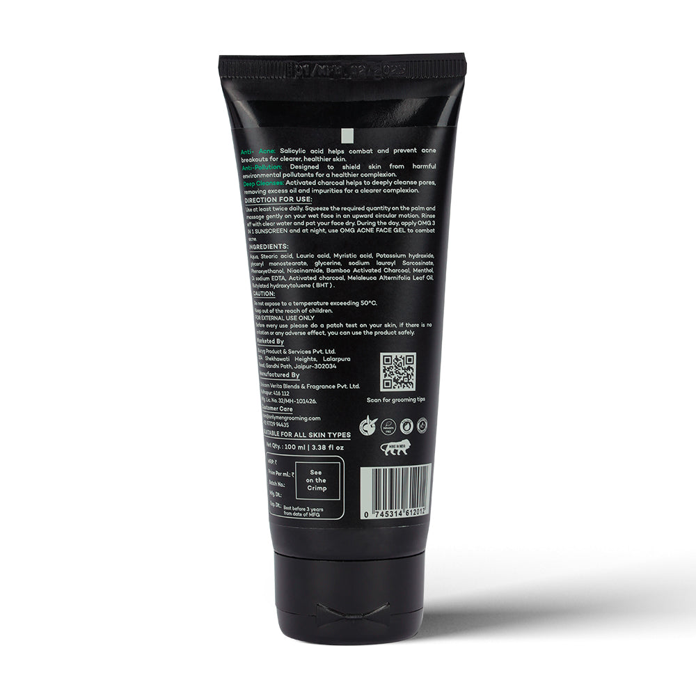 OMG Only Men Grooming Salicylic 3 in 1 Detox Face Wash | Activated Charcoal for Acne & Breakouts | Deep Cleansing, Oil Control & Pollution Protection | Sulfate-Free & Paraben-Free | pH Balanced | All Skin Types