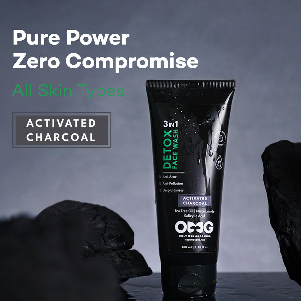 OMG Only Men Grooming Salicylic 3 in 1 Detox Face Wash | Activated Charcoal for Acne & Breakouts | Deep Cleansing, Oil Control & Pollution Protection | Sulfate-Free & Paraben-Free | pH Balanced | All Skin Types