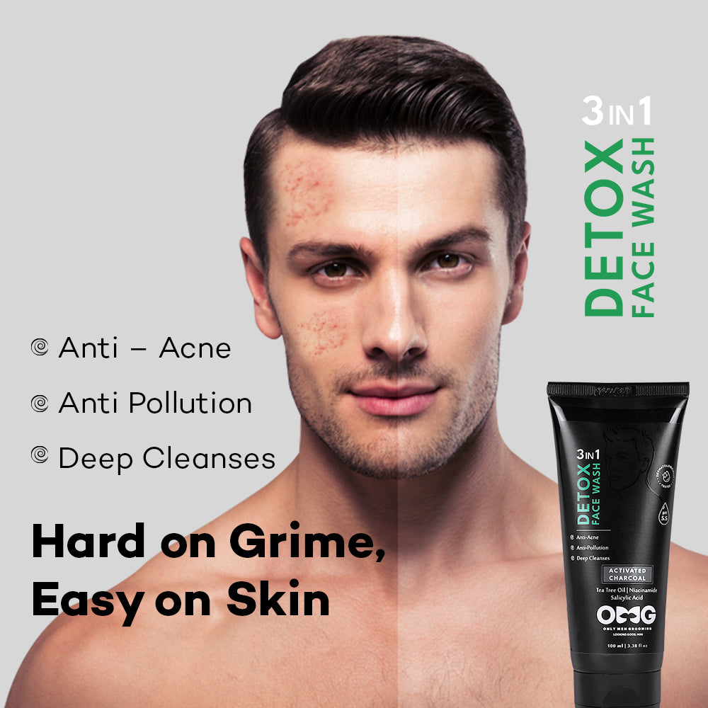 OMG Only Men Grooming Salicylic 3 in 1 Detox Face Wash | Activated Charcoal for Acne & Breakouts | Deep Cleansing, Oil Control & Pollution Protection | Sulfate-Free & Paraben-Free | pH Balanced | All Skin Types