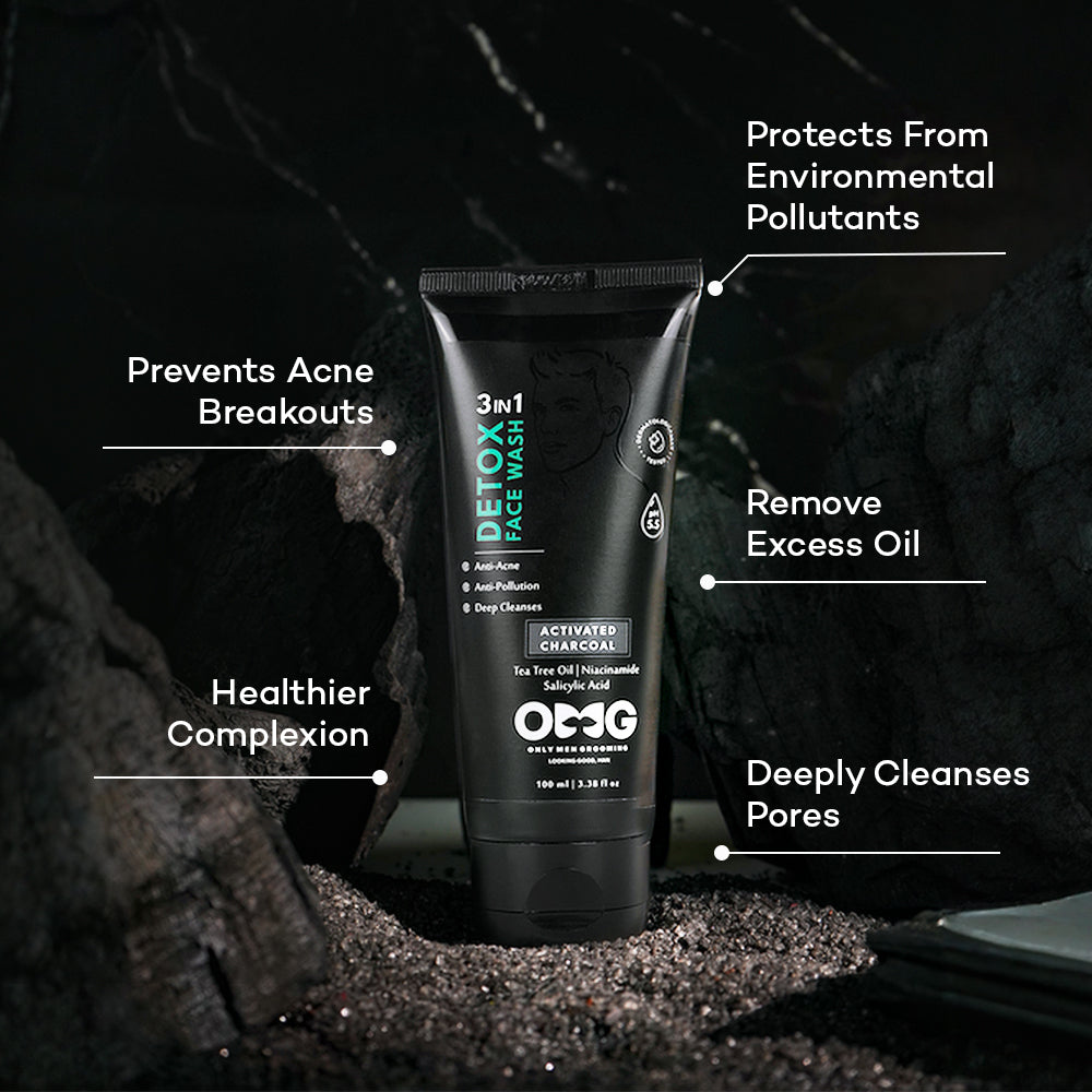 OMG Only Men Grooming Salicylic 3 in 1 Detox Face Wash | Activated Charcoal for Acne & Breakouts | Deep Cleansing, Oil Control & Pollution Protection | Sulfate-Free & Paraben-Free | pH Balanced | All Skin Types