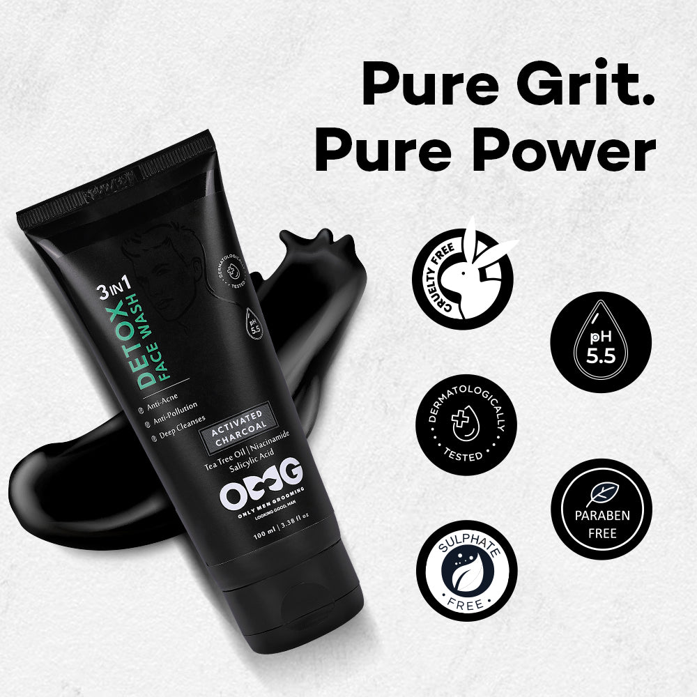OMG Only Men Grooming Salicylic 3 in 1 Detox Face Wash | Activated Charcoal for Acne & Breakouts | Deep Cleansing, Oil Control & Pollution Protection | Sulfate-Free & Paraben-Free | pH Balanced | All Skin Types