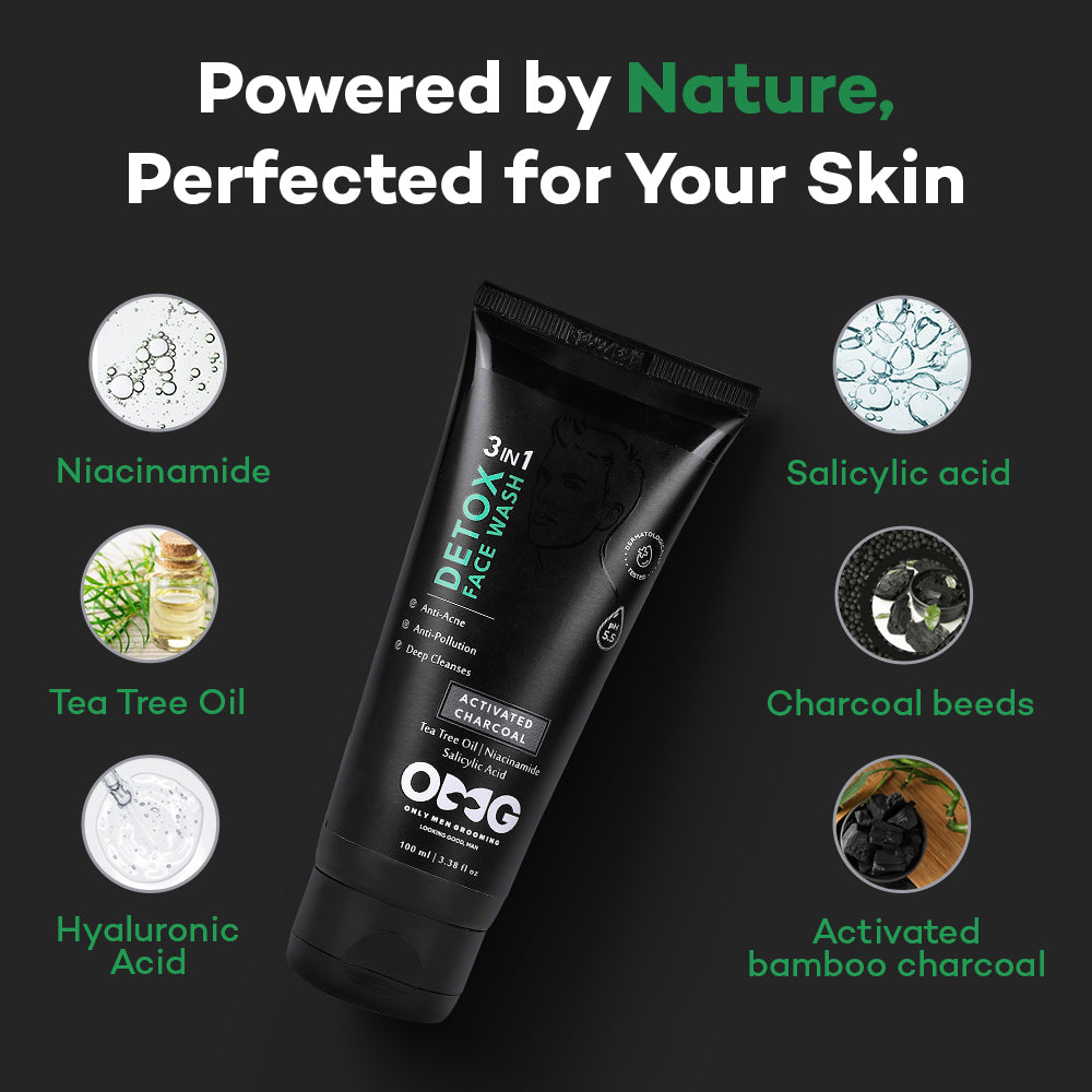 OMG Only Men Grooming Salicylic 3 in 1 Detox Face Wash | Activated Charcoal for Acne & Breakouts | Deep Cleansing, Oil Control & Pollution Protection | Sulfate-Free & Paraben-Free | pH Balanced | All Skin Types