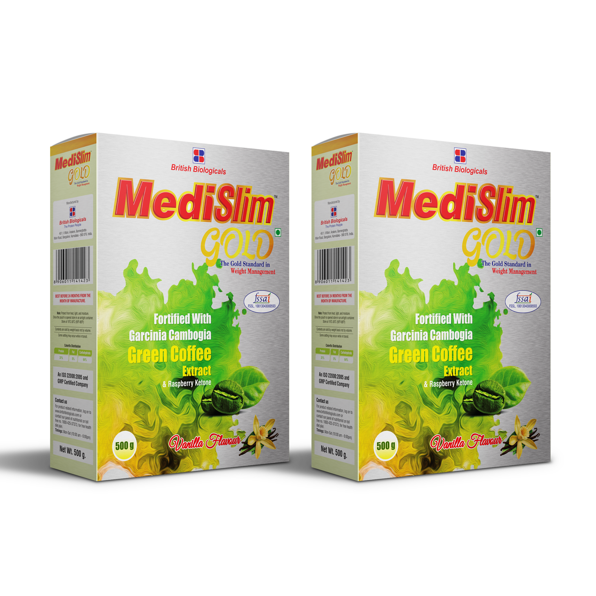 Medislim Gold Meal Replacement Shake For Weight Management - 500 GM - Sugar-free, Cholesterol-free, Zero Trans-fat, Gluten-free Drink with (Goodness of Garcinia Cambogia, Raspberry, Ketone) - BRITISH BIOLOGICALS. (Pack of 2)