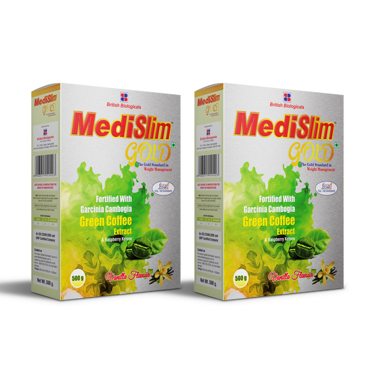 Medislim Gold Meal Replacement Shake For Weight Management - 500 GM - Sugar-free, Cholesterol-free, Zero Trans-fat, Gluten-free Drink with (Goodness of Garcinia Cambogia, Raspberry, Ketone) - BRITISH BIOLOGICALS. (Pack of 2)