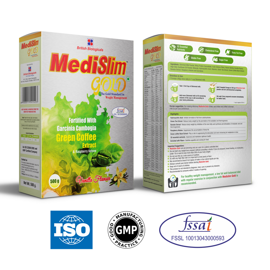 Medislim Gold Meal Replacement Shake For Weight Management - 500 GM - Sugar-free, Cholesterol-free, Zero Trans-fat, Gluten-free Drink with (Goodness of Garcinia Cambogia, Raspberry, Ketone) - BRITISH BIOLOGICALS. (Pack of 2)