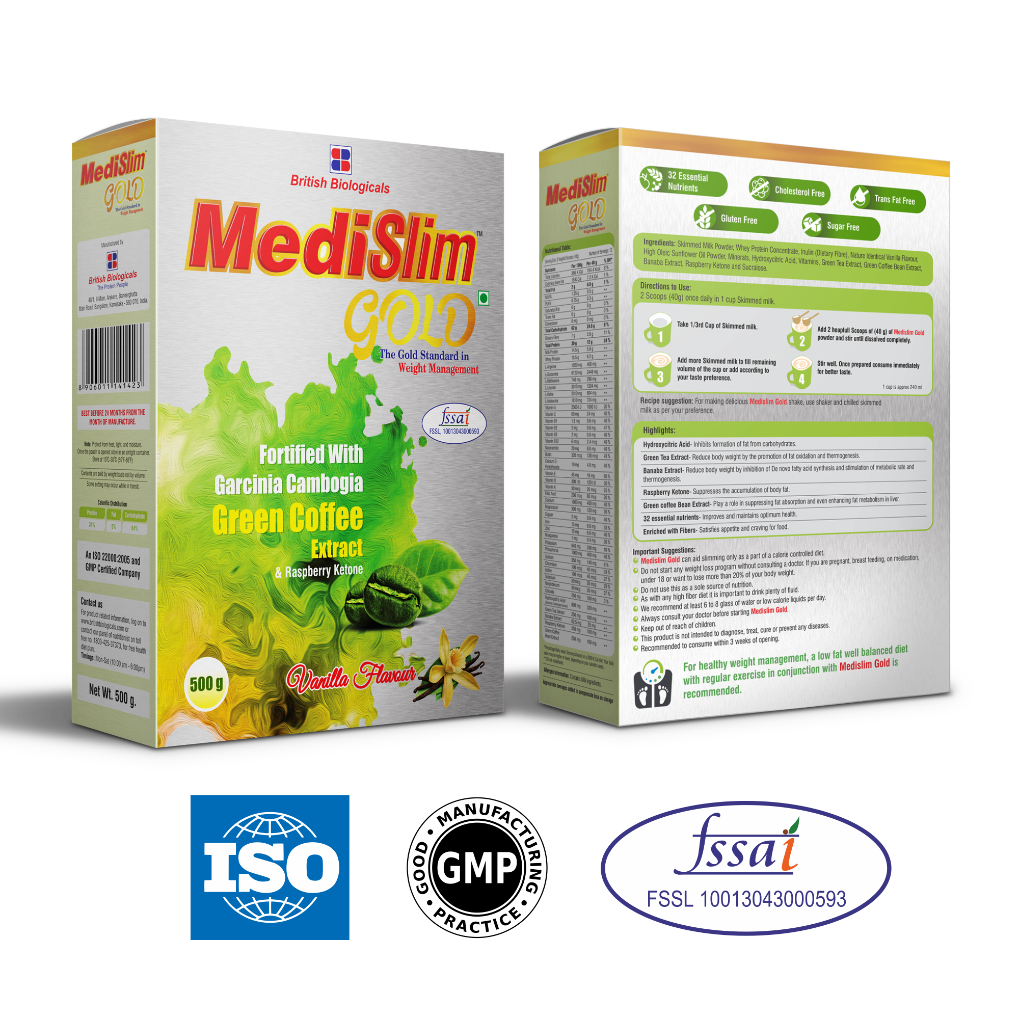 Medislim Gold Meal Replacement Shake For Weight Management - 500 GM - Sugar-free, Cholesterol-free, Zero Trans-fat, Gluten-free Drink with (Goodness of Garcinia Cambogia, Raspberry, Ketone) - BRITISH BIOLOGICALS. (Pack of 2)