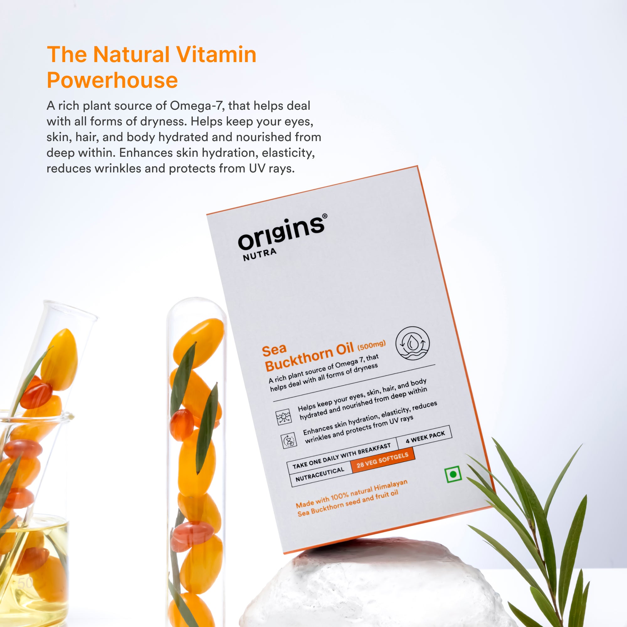 Origins Nutra Sea Buckthorn Oil |Reduce Wrinkles & Pigmentation, Supports Skin Hydration & Elasticity | Sea Buckthorn Oil | GMP Certified | For Men & Women | 28 Capsules