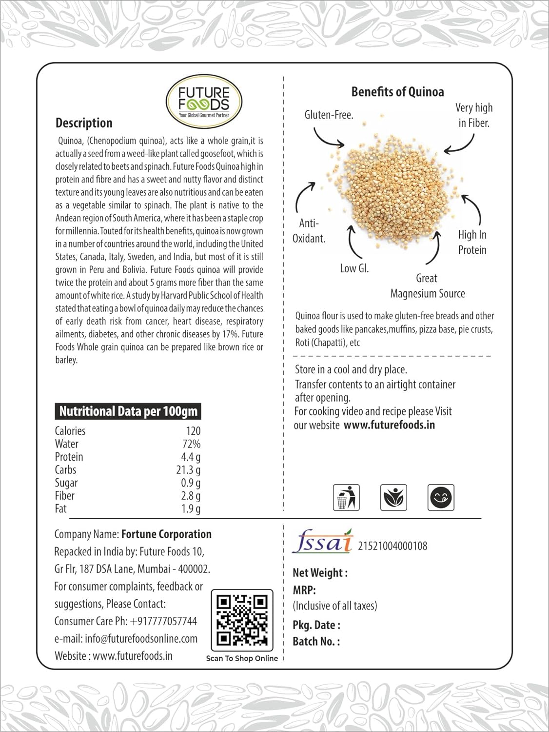 Future Foods Premium Qunioa Flour | Gluten Free | Sweet & Nutty Flavour | High Protein & Fiber | Plant Based Protein | Nutrient Rich Superfood | Can be Used in Salads & Soups | 450g