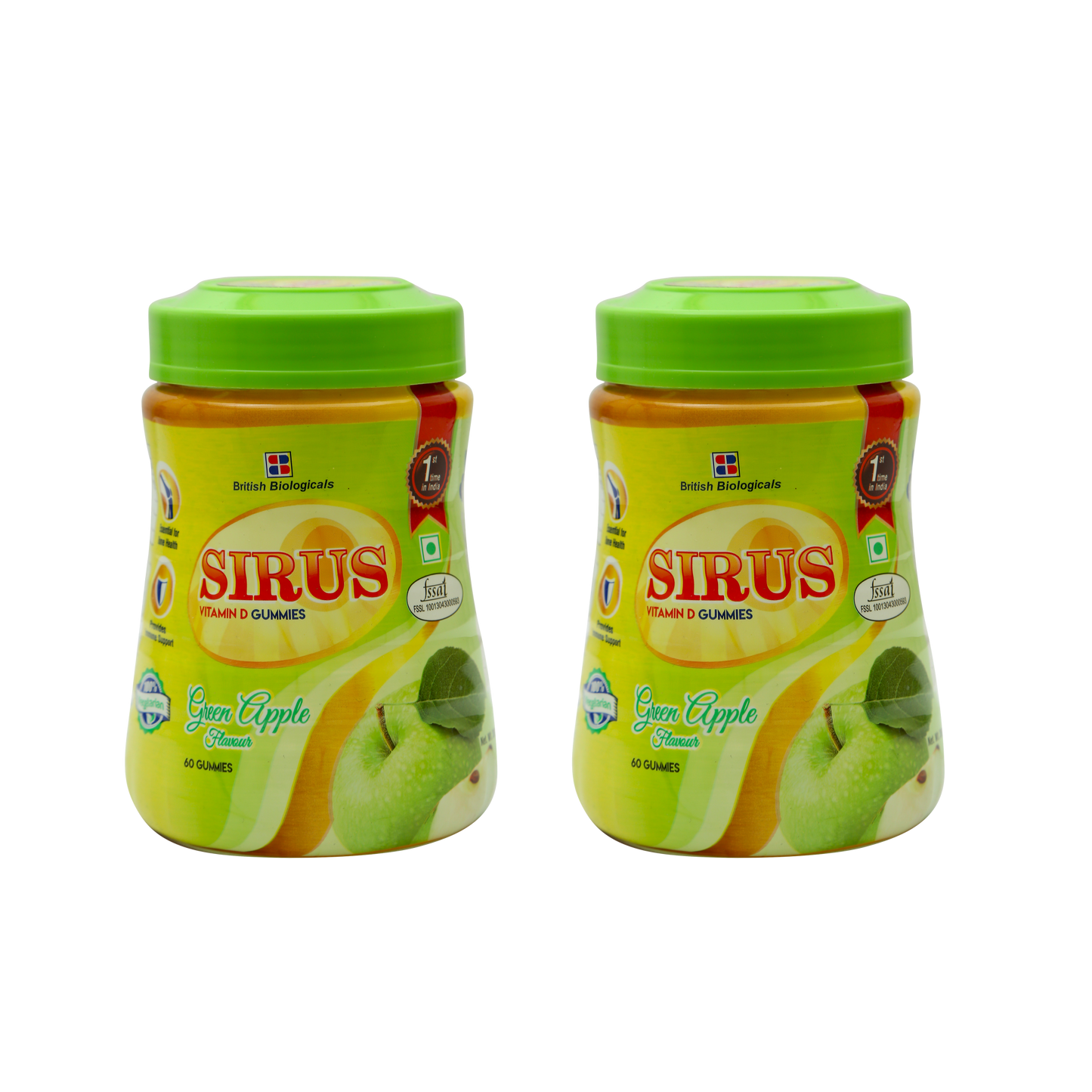 British Biologicals - Sirus Vitamin D3-60 Gummies for Women & Men - Supports Immunity, Bones, Teeth, Brain and Nervous System - Gluten Free - Green Apple Flavor (Pack of 2)