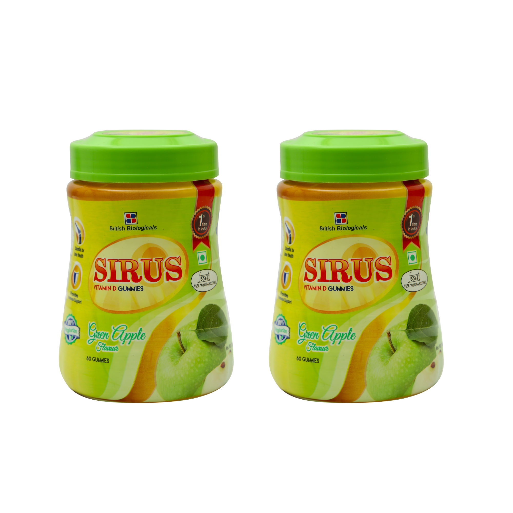 British Biologicals - Sirus Vitamin D3-60 Gummies for Women & Men - Supports Immunity, Bones, Teeth, Brain and Nervous System - Gluten Free - Green Apple Flavor (Pack of 2)