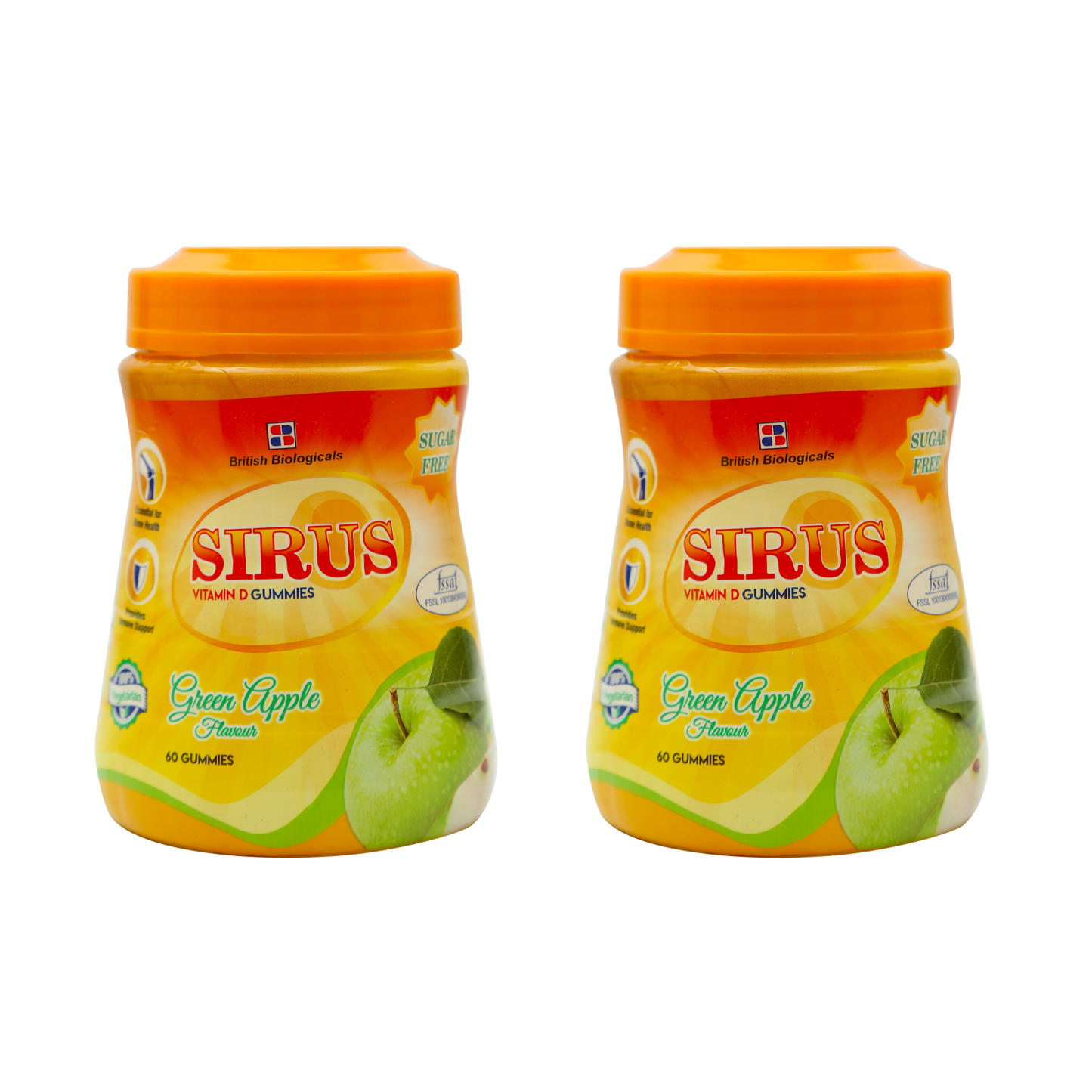 BRITISH BIOLOGICALS | Sirus Vitamin D3 Gummies | Supports Immune System, Bones, Teeth, Brain and Nervous System | Sugar Free | Green Apple Flavor | 60 Gummies | Gluten Free | 300 g (Pack of 2)