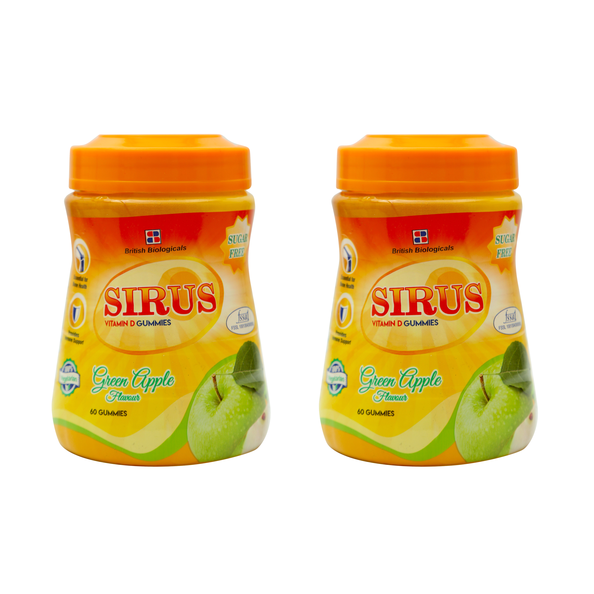BRITISH BIOLOGICALS | Sirus Vitamin D3 Gummies | Supports Immune System, Bones, Teeth, Brain and Nervous System | Sugar Free | Green Apple Flavor | 60 Gummies | Gluten Free | 300 g (Pack of 2)