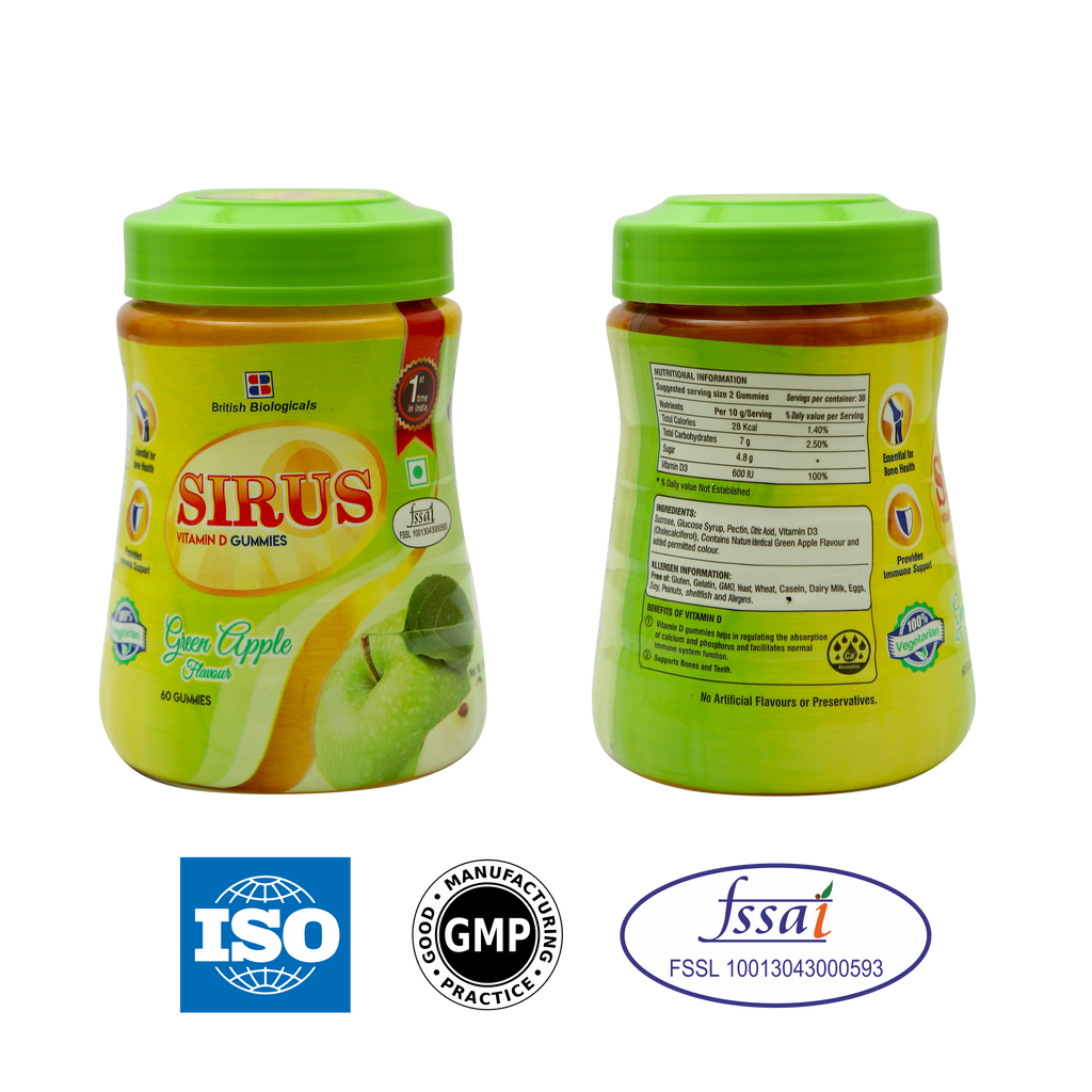 British Biologicals - Sirus Vitamin D3-60 Gummies for Women & Men - Supports Immunity, Bones, Teeth, Brain and Nervous System - Gluten Free - Green Apple Flavor (Pack of 2)