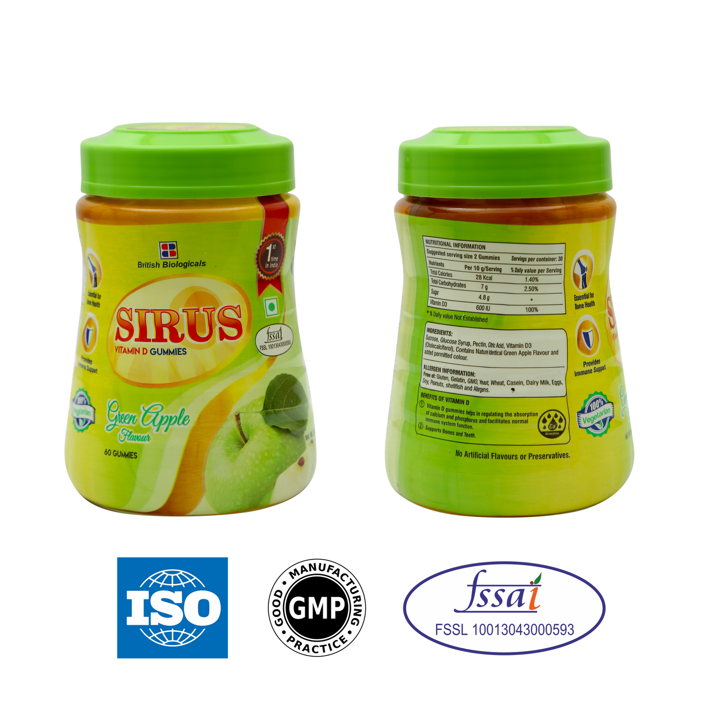 British Biologicals - Sirus Vitamin D3-60 Gummies for Women & Men - Supports Immunity, Bones, Teeth, Brain and Nervous System - Gluten Free - Green Apple Flavor (Pack of 2)