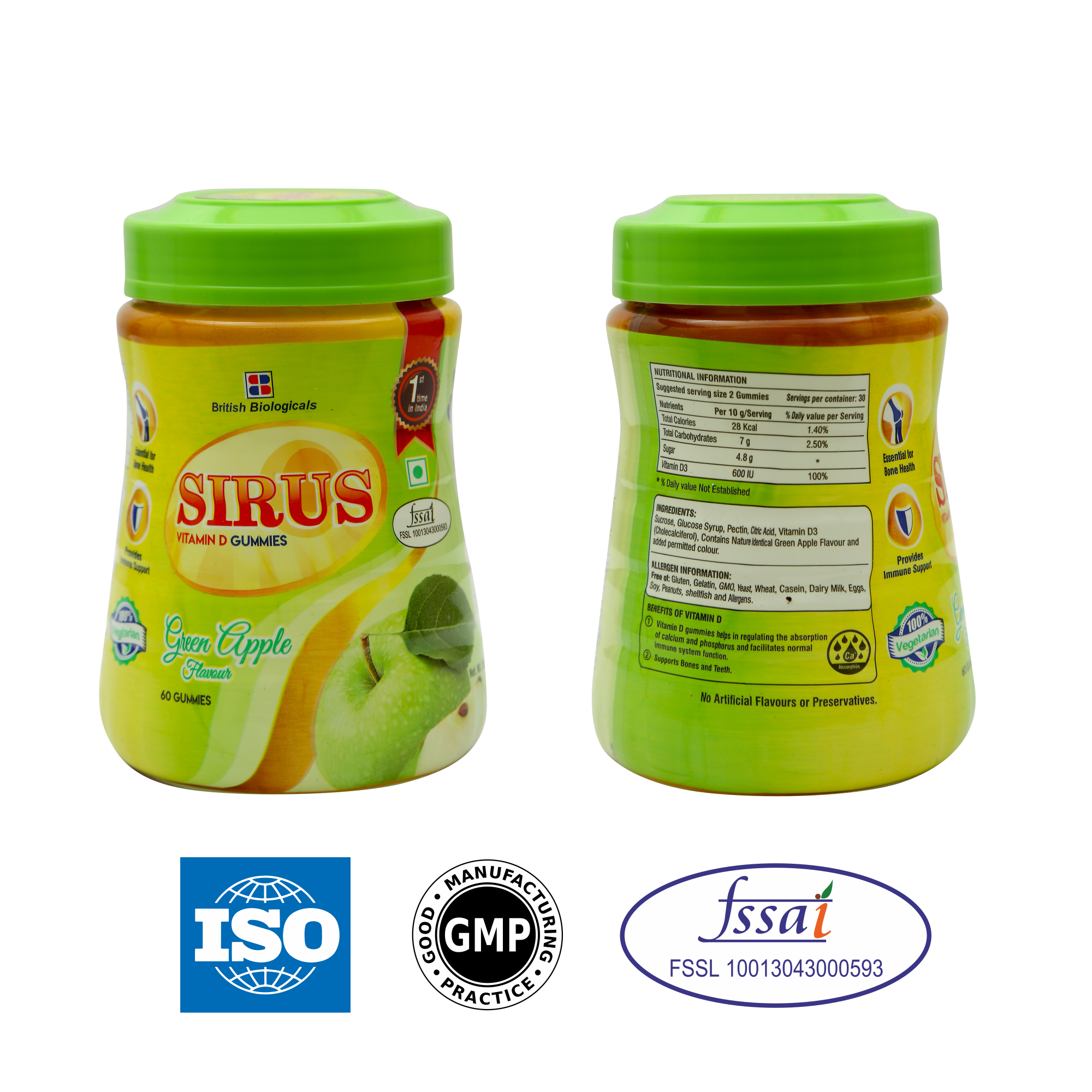 British Biologicals - Sirus Vitamin D3-60 Gummies for Women & Men - Supports Immunity, Bones, Teeth, Brain and Nervous System - Gluten Free - Green Apple Flavor (Pack of 2)