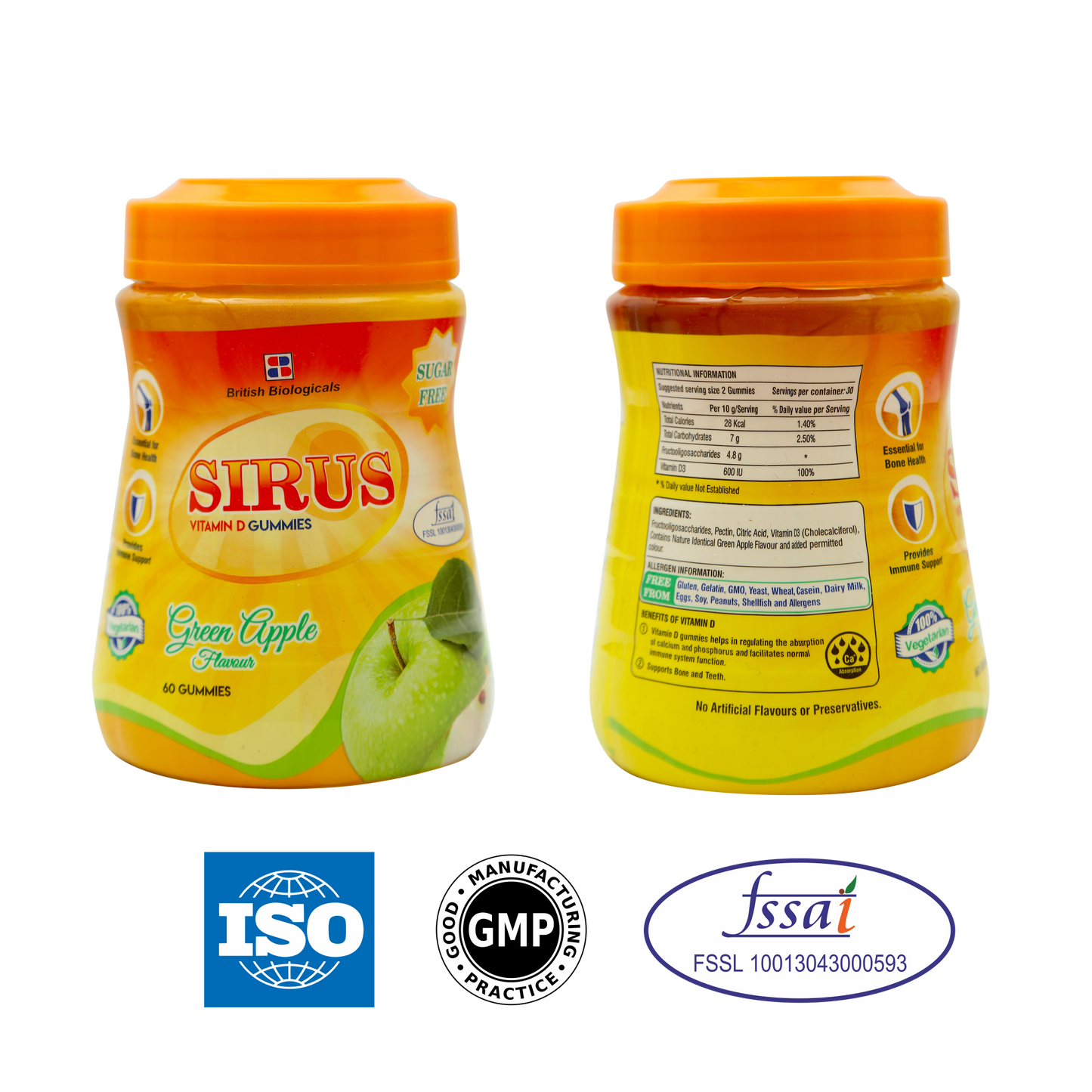 BRITISH BIOLOGICALS | Sirus Vitamin D3 Gummies | Supports Immune System, Bones, Teeth, Brain and Nervous System | Sugar Free | Green Apple Flavor | 60 Gummies | Gluten Free | 300 g (Pack of 2)