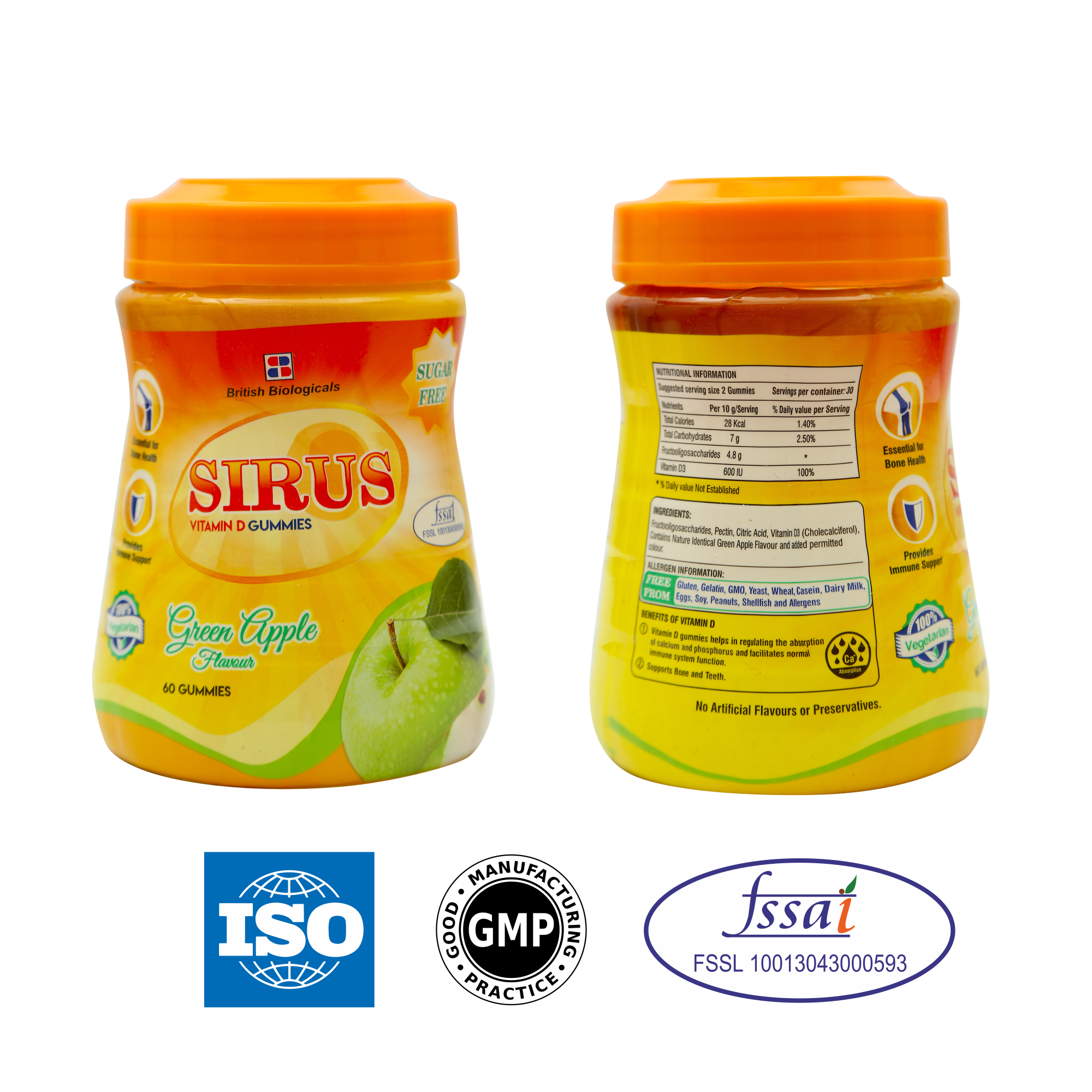 BRITISH BIOLOGICALS | Sirus Vitamin D3 Gummies | Supports Immune System, Bones, Teeth, Brain and Nervous System | Sugar Free | Green Apple Flavor | 60 Gummies | Gluten Free | 300 g (Pack of 2)