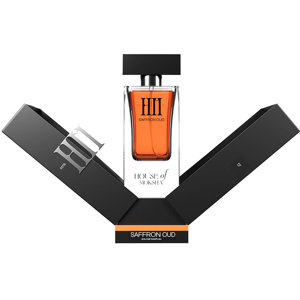 House of Moksha Saffron Oud Eau De Parfum for Men & Women - 70ml | Long-Lasting Spicy Woody Fragrance with Notes of Saffron, Clove, Amber, Vanilla & Oud