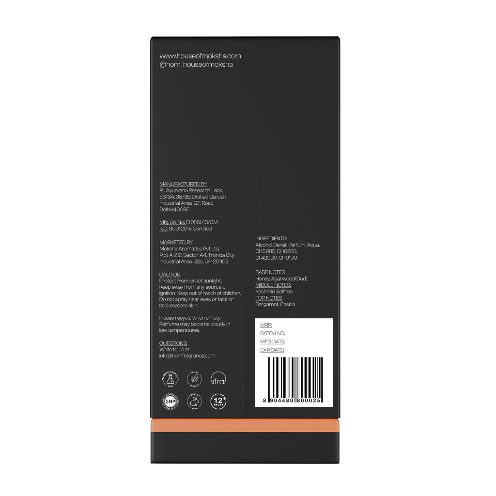 House of Moksha Saffron Oud Eau De Parfum for Men & Women - 70ml | Long-Lasting Spicy Woody Fragrance with Notes of Saffron, Clove, Amber, Vanilla & Oud