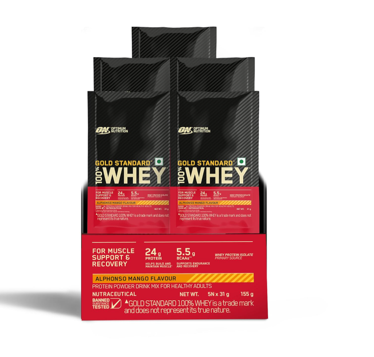 Optimum Nutrition (ON) Gold Standard 100% Whey Protein - 5 X 31 g (Alphonso Mango) Single Serve Sachets, for Muscle Support & Recovery, Vegetarian - Primary Source Whey Isolate