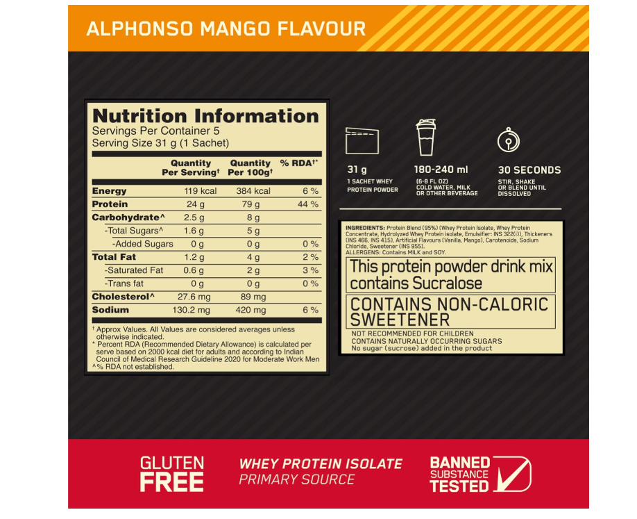 Optimum Nutrition (ON) Gold Standard 100% Whey Protein - 5 X 31 g (Alphonso Mango) Single Serve Sachets, for Muscle Support & Recovery, Vegetarian - Primary Source Whey Isolate