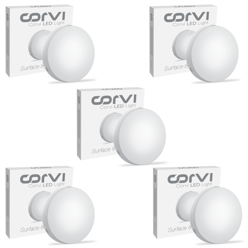 CORVI LED Surface 8 Round 20W | Slim, Compact & Dimmable Ceiling Panel Light | Full Glow Design, No False Ceiling Needed |  White 5700K (Pack of 5)