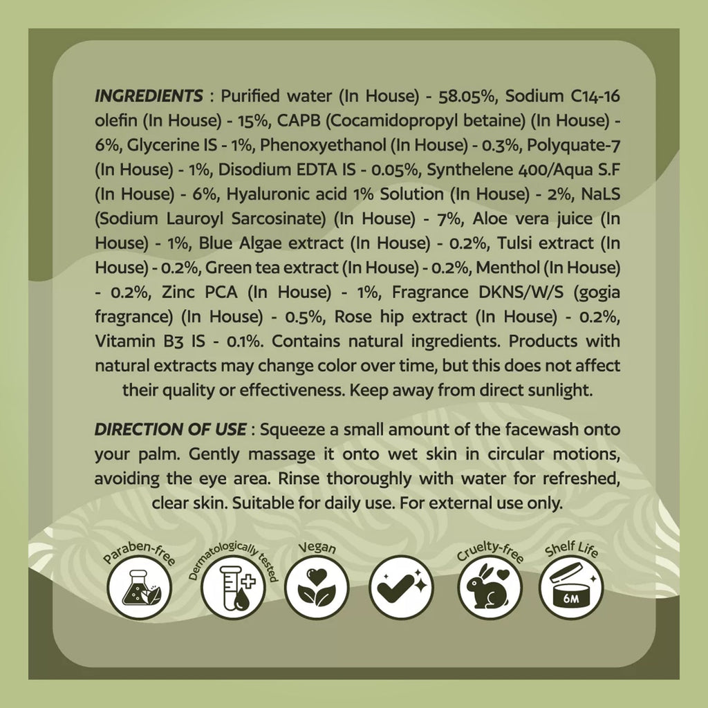 Nuuv Essentials Tulsi & Green Tea Face Wash | Natural Cleansing with Acne-Fighting Formula | Enriched with Vitamin B3 & Rosehip Extract | For All Skin Types | Removes Dirt, Oil & Impurities | 100 ml