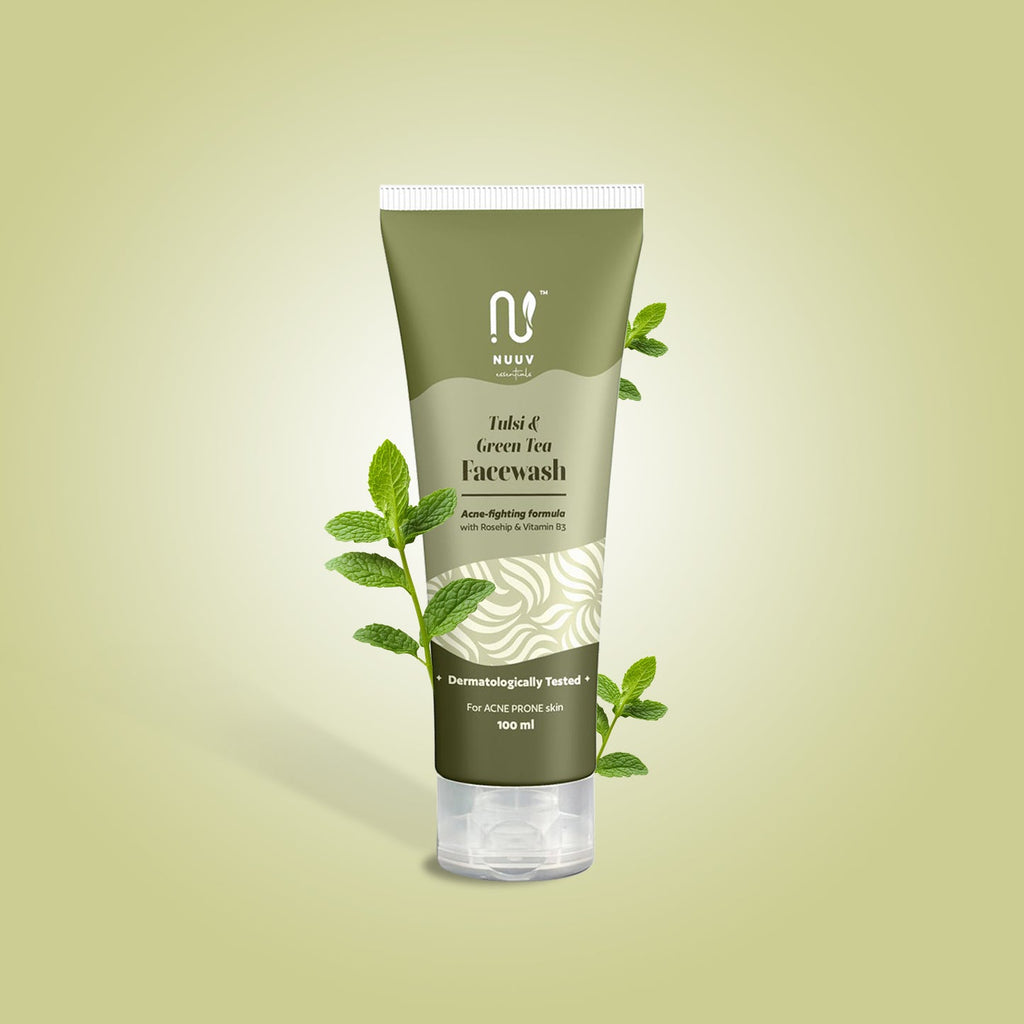 Nuuv Essentials Tulsi & Green Tea Face Wash | Natural Cleansing with Acne-Fighting Formula | Enriched with Vitamin B3 & Rosehip Extract | For All Skin Types | Removes Dirt, Oil & Impurities | 100 ml