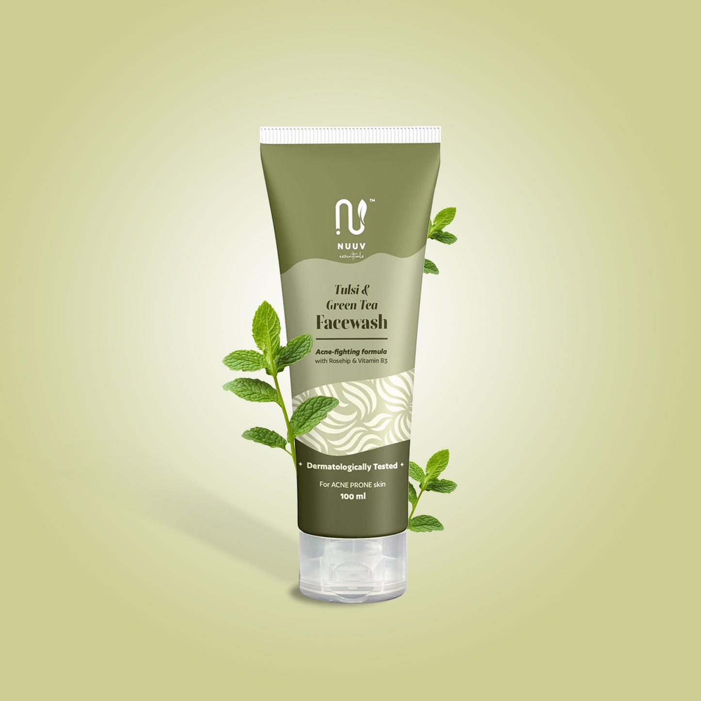 Nuuv Essentials Tulsi & Green Tea Face Wash | Natural Cleansing with Acne-Fighting Formula | Enriched with Vitamin B3 & Rosehip Extract | For All Skin Types | Removes Dirt, Oil & Impurities | 100 ml