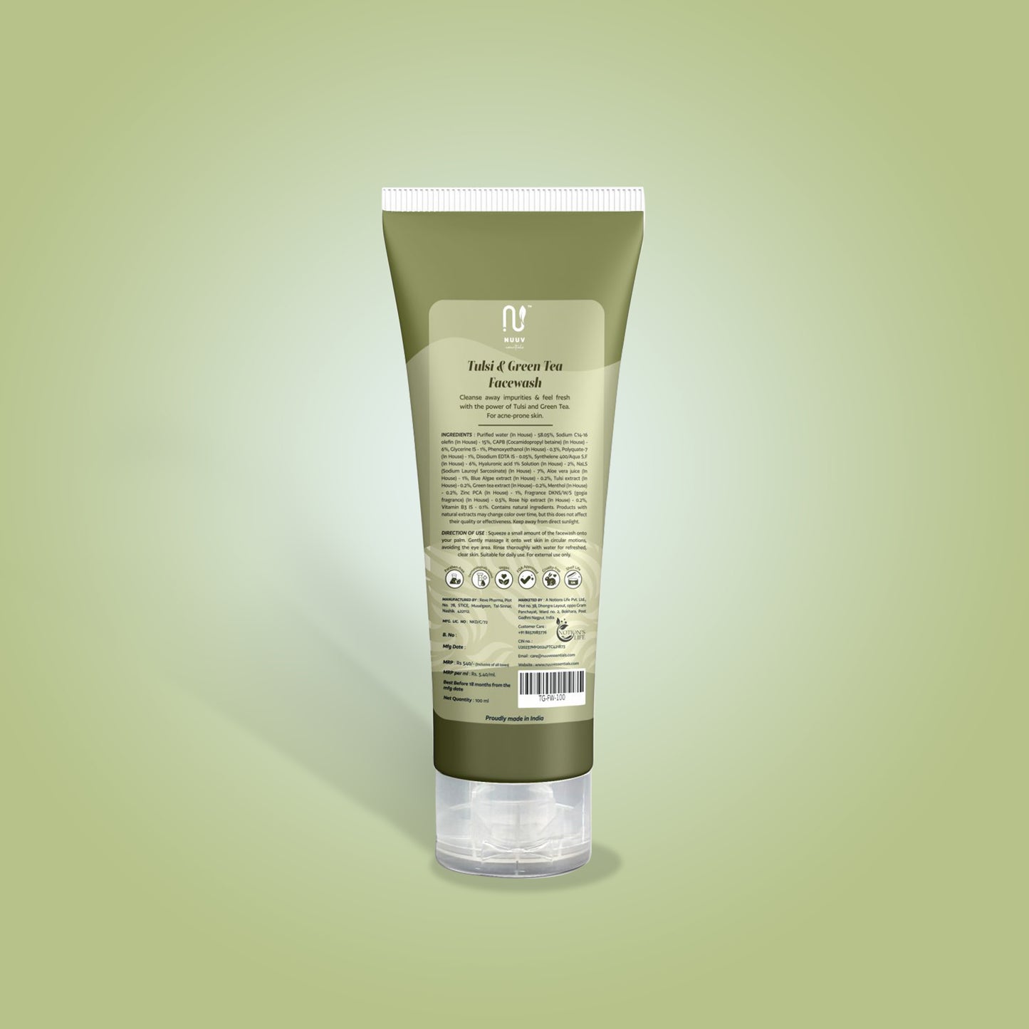 Nuuv Essentials Tulsi & Green Tea Face Wash | Natural Cleansing with Acne-Fighting Formula | Enriched with Vitamin B3 & Rosehip Extract | For All Skin Types | Removes Dirt, Oil & Impurities | 100 ml