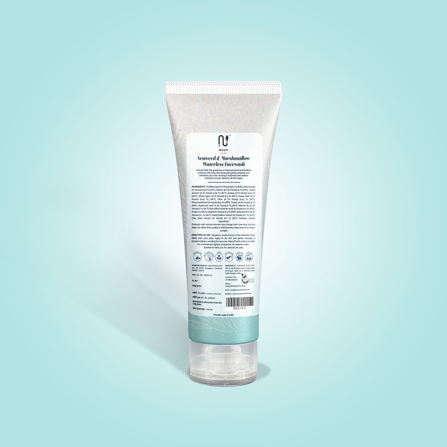 Nuuv Essential - Waterless Face Wash | Rinse-Free Cleanser | Seaweed, Aloe, Marshmallow & Hyaluronic Acid | Hydrating | Vegan | Paraben-Free | For All Skin Types | 100ml