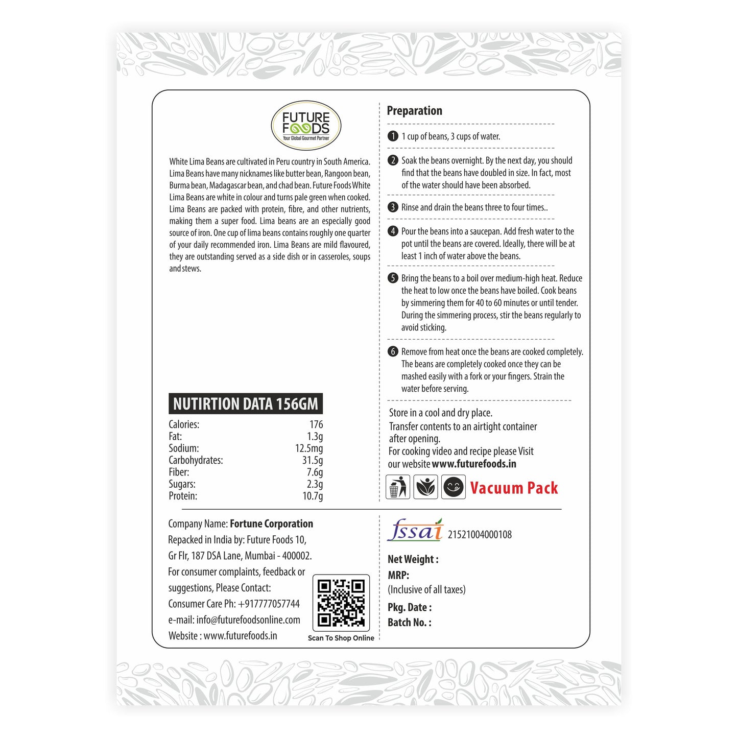 Future Foods White Lima Beans | Butter Beans | Versatile Superfood | Good Source of Dietary Fiber & Iron | Low Fat Content | Mild Flavour & Creamy Texture | 450g