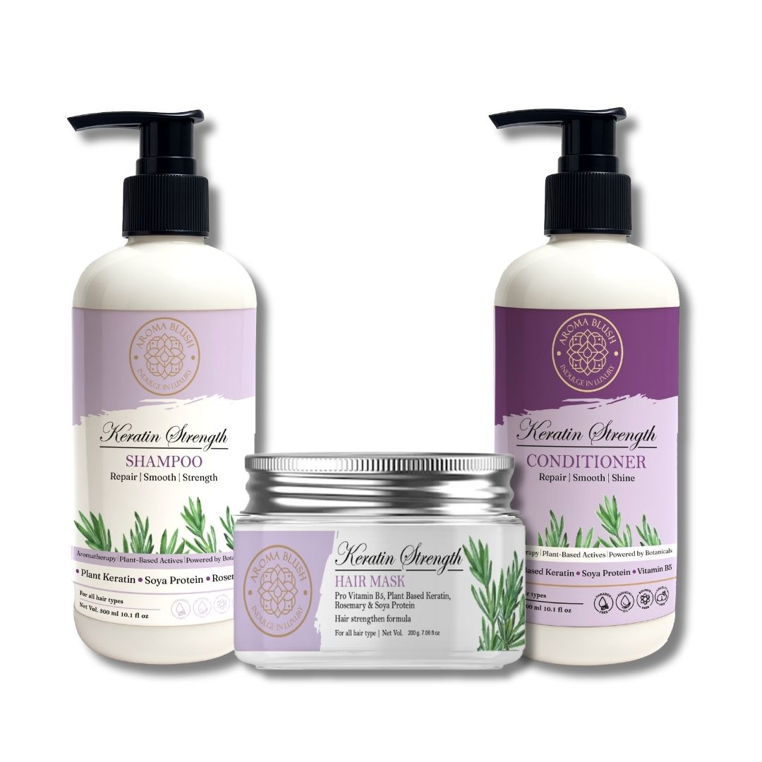 AROMABLUSH Keratin Strength Shampoo, Conditioner & Hairmask Combo