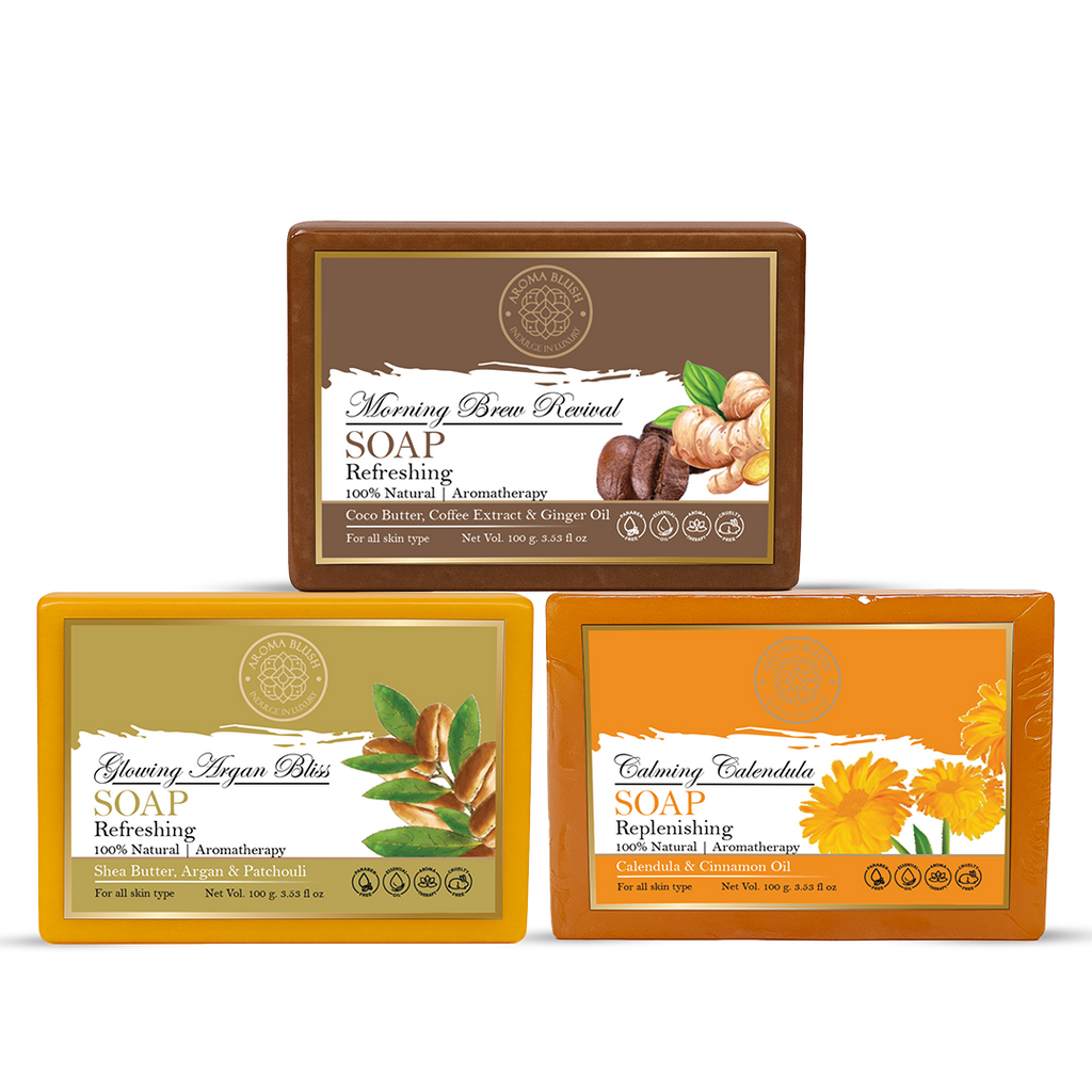 AROMABLUSH Glowing Argan Bliss, Calming Calendula & Morming Brew Revival Combo Soap