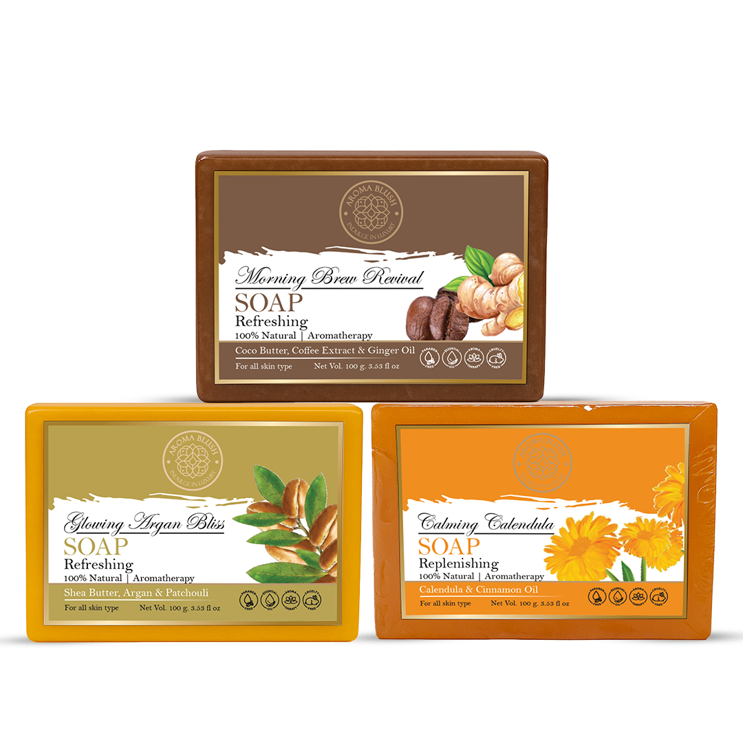 AROMABLUSH Glowing Argan Bliss, Calming Calendula & Morming Brew Revival Combo Soap