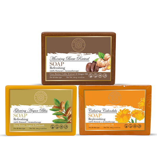 AROMABLUSH Glowing Argan Bliss, Calming Calendula & Morming Brew Revival Combo Soap