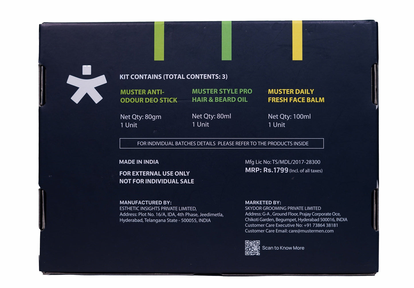 Muster Men Grooming Essentials Gift Box | After Shave Face Balm (100 ml) | Anti-Odour Deo Stick (80 g) | Style Pro Hair & Beard Oil Spray (80 ml) | Premium Grooming Kit for Men | Gift Set for Him