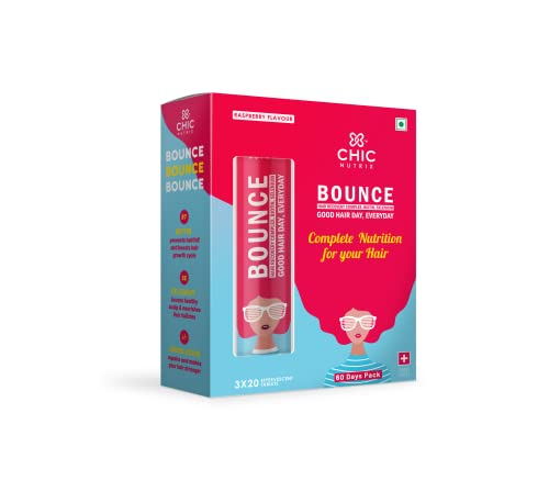 Chicnutrix Bounce - Biotin With Selenium and Amino Acids - Hair Fall & Hair Growth Management - Strong Hair - Frizz-free Hair - No Added Sugar - 60 Raspberry Flavoured Effervescent Tablet