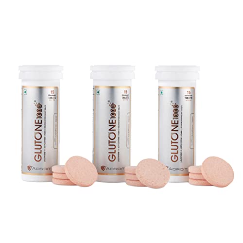 Glutone 1000 – Setria L-Glutathione Effervescent Tablets | Vitamin C 40mg | For Radiant Glow | Evens Skin Tone | 15 Tablets (Pack of 3)