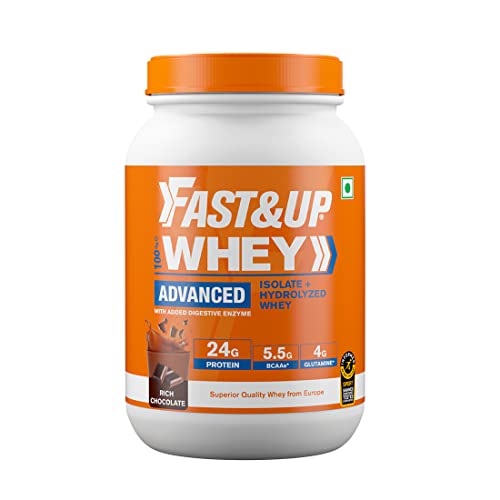 FAST&UP Whey Advanced, INFORMED SPORT CERTIFIED, 100% Whey Isolate & Hydrolysate Whey Protein (Rich Chocolate, 30 Servings) - 24g Protein, 5.5g BCAA, 4g Glutamine (2.01Lbs, 912 gms )