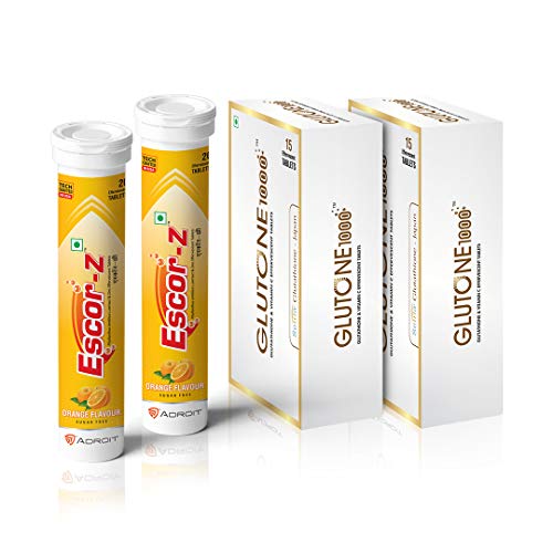 Glutone 1000 & Escor-Z Combo Pack| Setria L-Glutathione, Vitamin C Effervescent Tablets| Healthy Skin| 15 (2) + 20 (2) Tablets (Orange Flavour)
