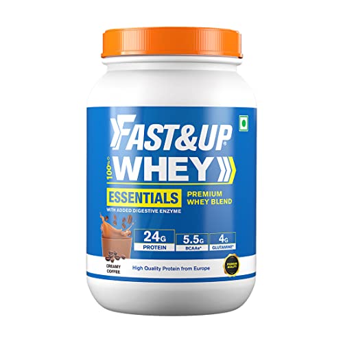 FAST&UP Essentials Whey Protein Isolate Blend (Creamy Coffee flavour), 30 Servings, 24g Protein, 5.5g BCAA, 4g Glutamine (2.1 Lbs, 960gm)