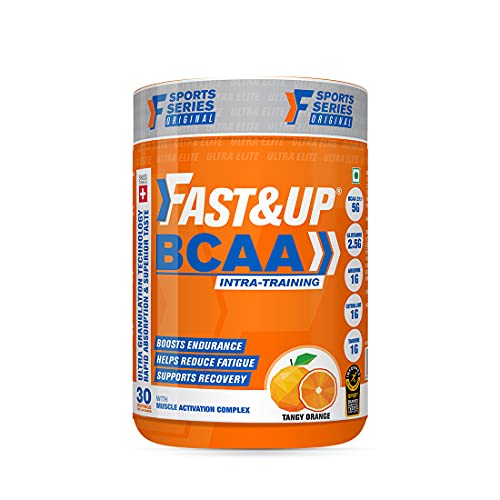 Fast&Up BCAA (30 Servings, Orange Flavour) Advanced BCAA Supplement powder with Glutamine, Citrulline,L-Arginine & Taurine For Muscle Recovery & Endurance - Pre/Post & Intra Workout Supplement (450g)