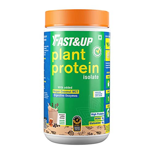 FAST&UP Vegan Plant Protein (30g Protein – Pea isolate & Brown Rice protein blend For Strength Recovery & Energy Boost, For Everyday Fitness & Nutrition ( 450 Gms Caramel Coffee flavor), Green